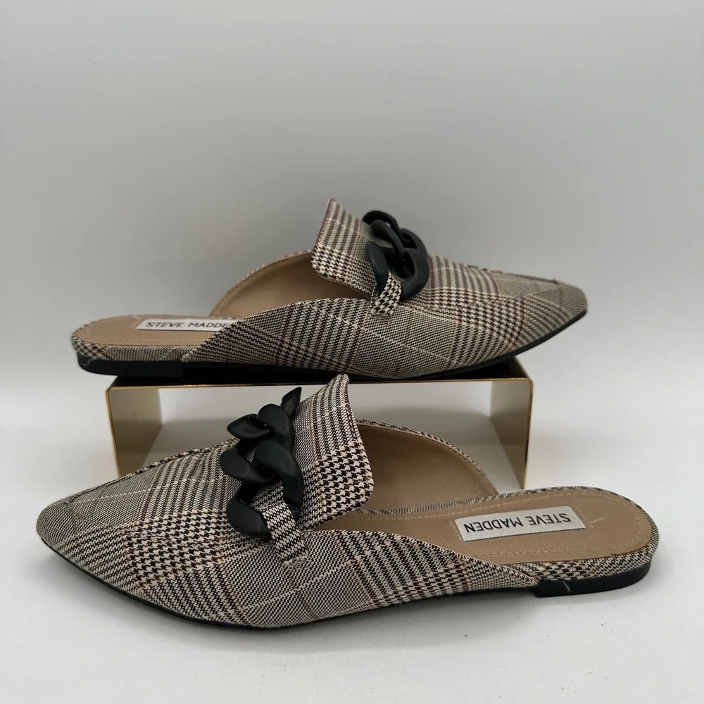 STEVE MADDEN Fleur Pointed Toe Mules Tan Plaid Chunky Black Chain Detail | 7 - Picture 2 of 13